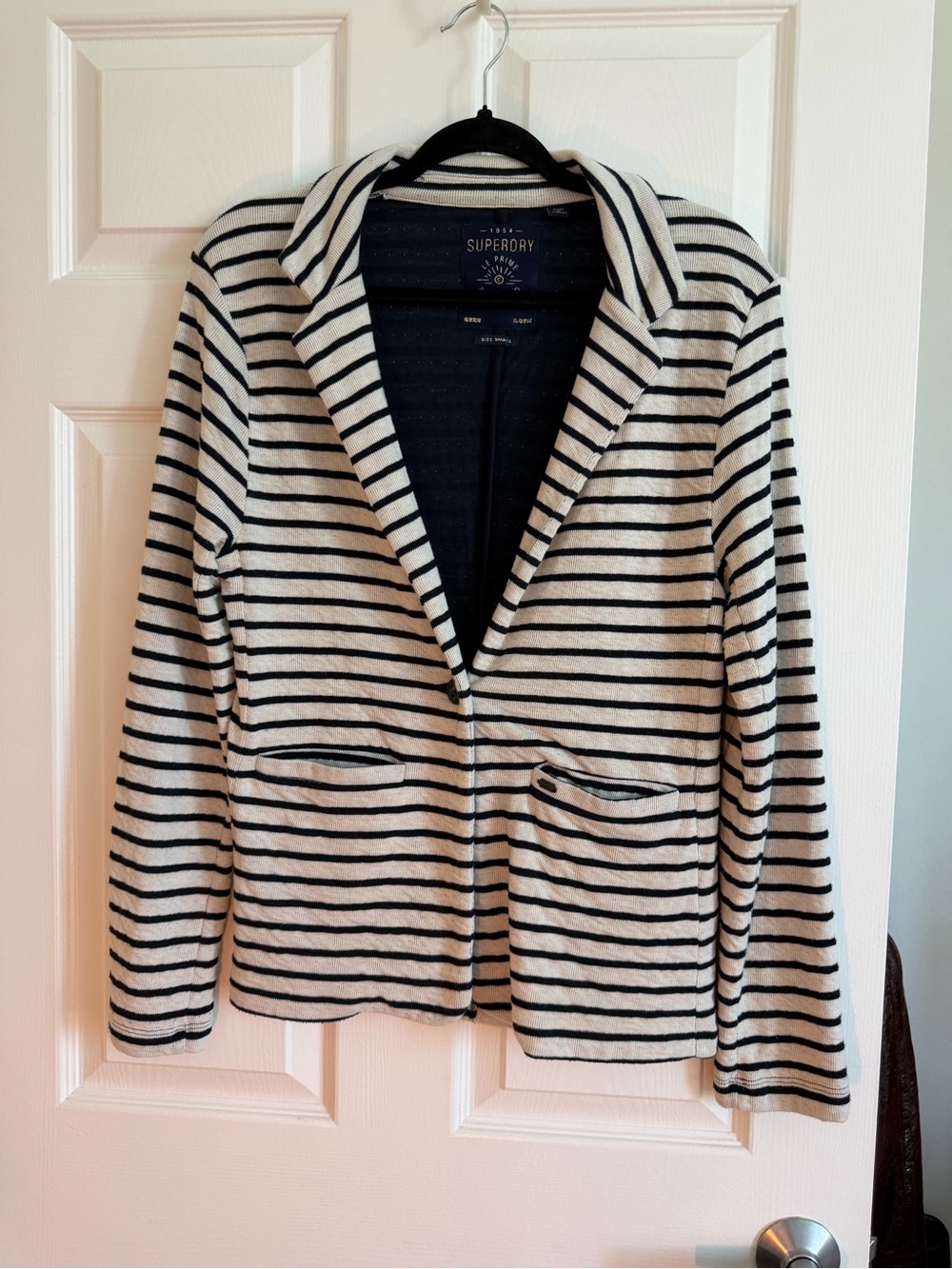 Superdry Le Prime Striped Knit Blazer Jacket Navy Cream Size Small